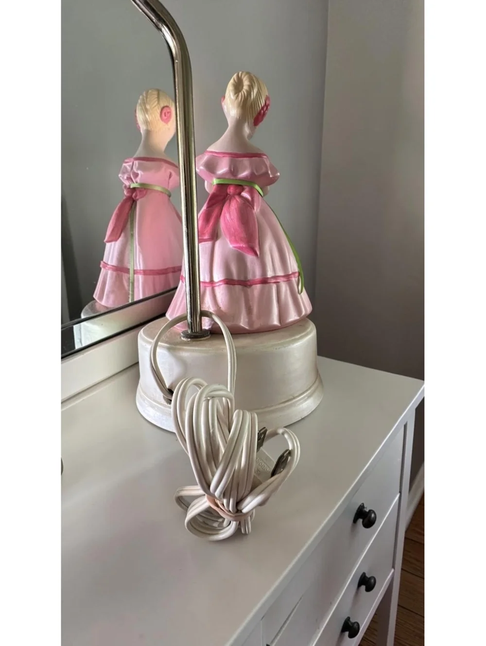 Vintage Ceramic Girl Figurine Table Lamp Pink Dress Nursery Cottage Decor